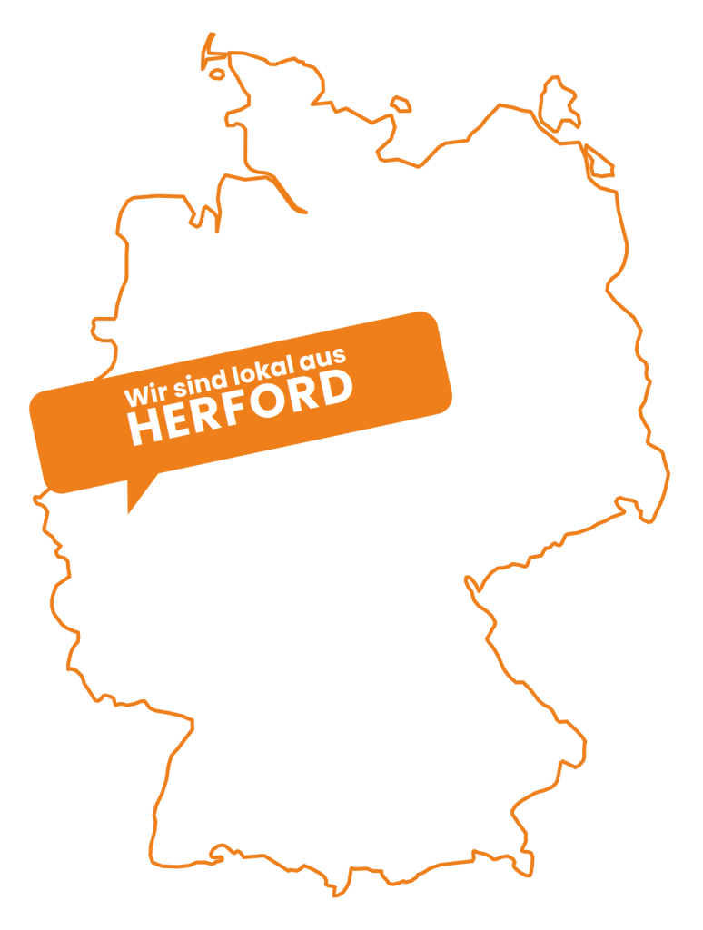 Deutschlandkarte mit einer orangefarbenen Sprechblase, in der „Wir sind lokal aus HERFORD“ steht